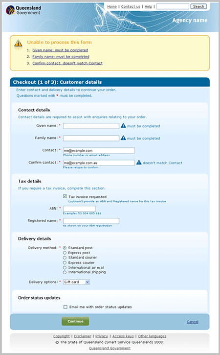 Image shows example screeen layout for a checkout screen (step 1 of 3), with error message at the top, customer details such as contact details, order details and continue button