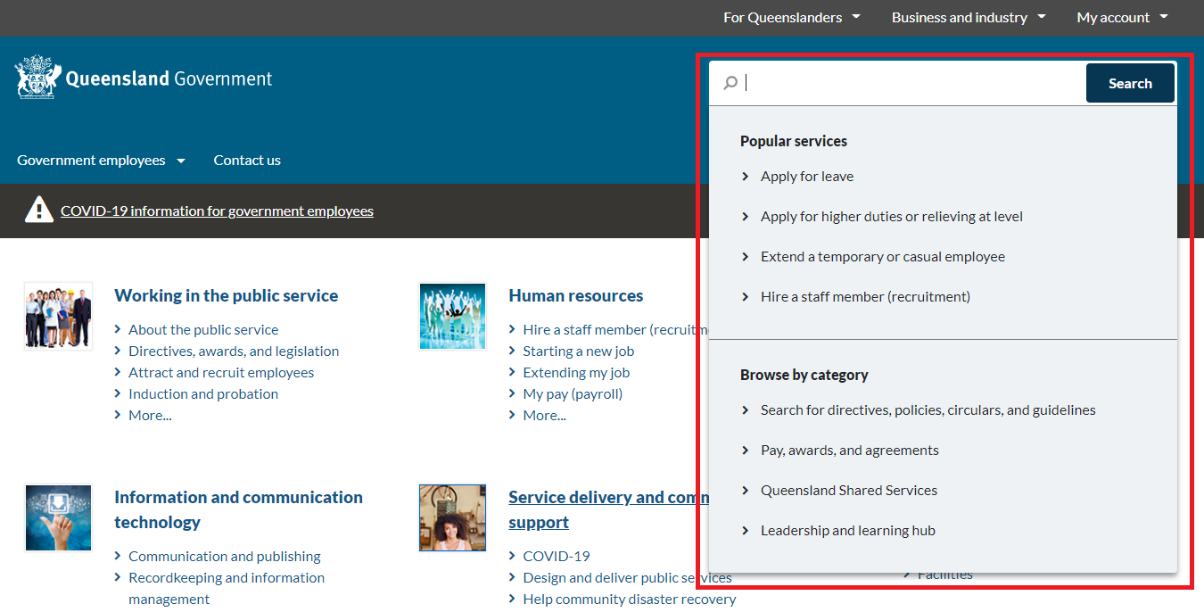 The new header layout and appearance for For government after SWE4. 