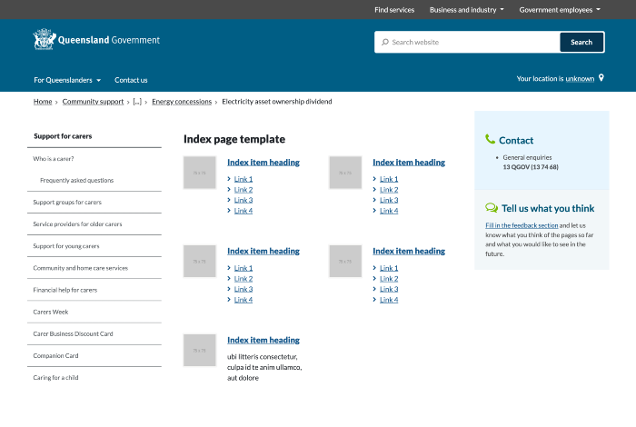 Screen capture of topic index page template