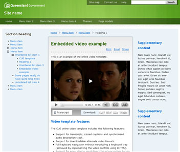 A web page with embedded video resized as the screen size is reduced.