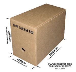 Image of a type 1 archive box including the measurements of the box.