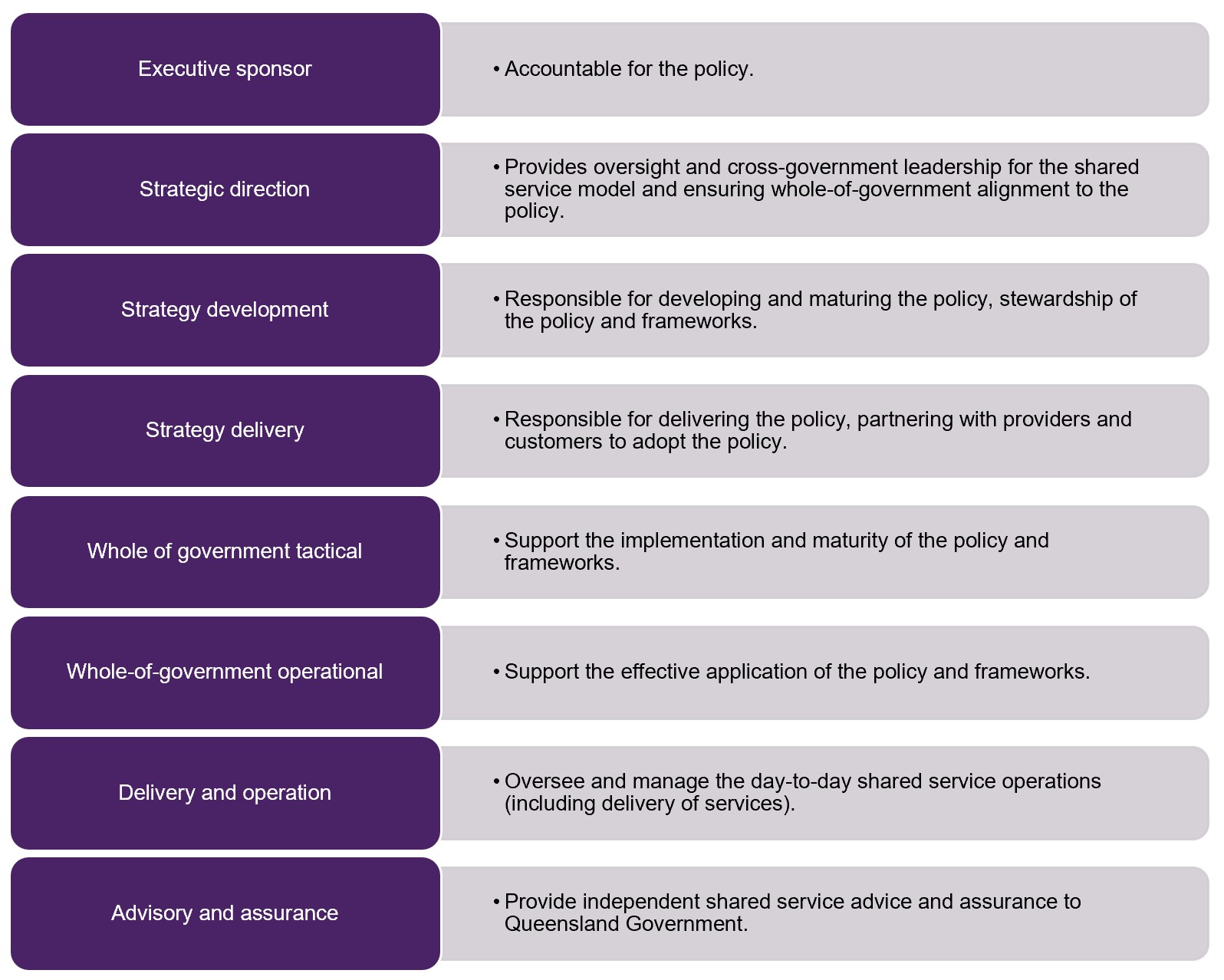 The governance framework consists of eight functions designed to provide support, guidance and strategic direction to the model